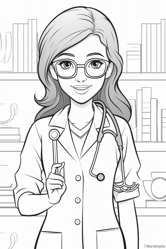 Coloring page of a female doctor.