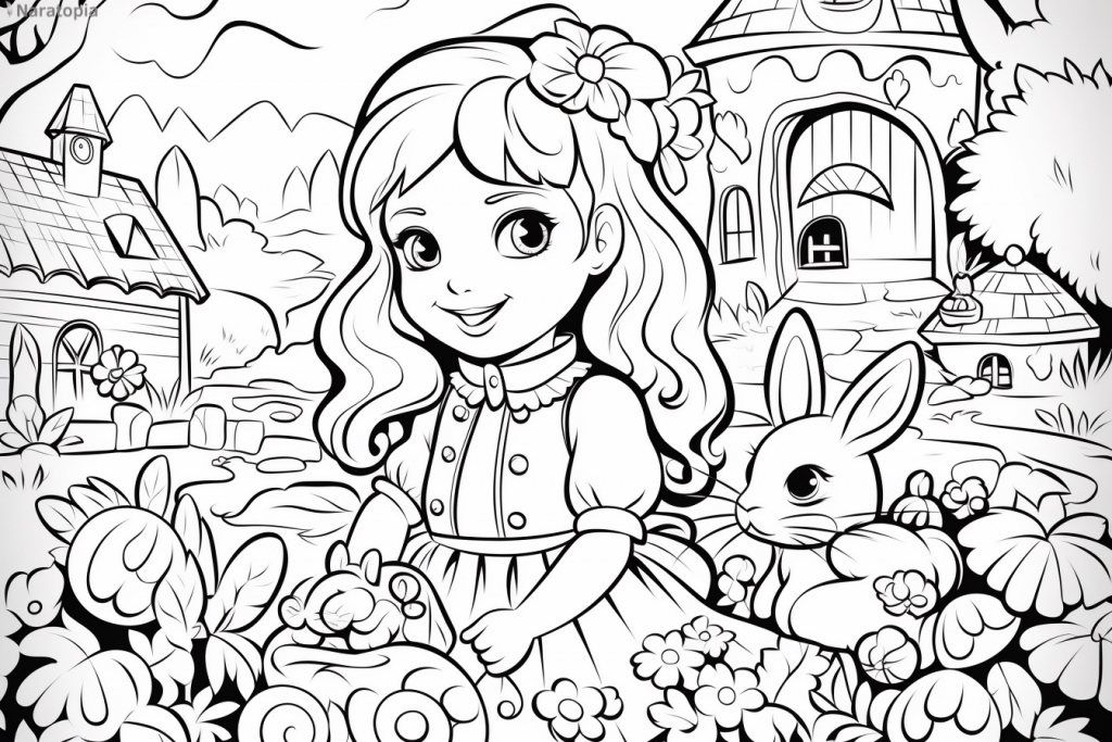 Coloring page of a cute girl with an Easter bunny.
