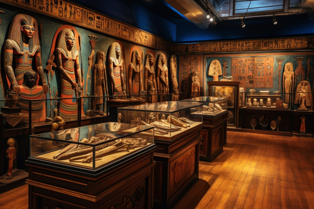 Interior view of the Egyptian exhibition in a museum.