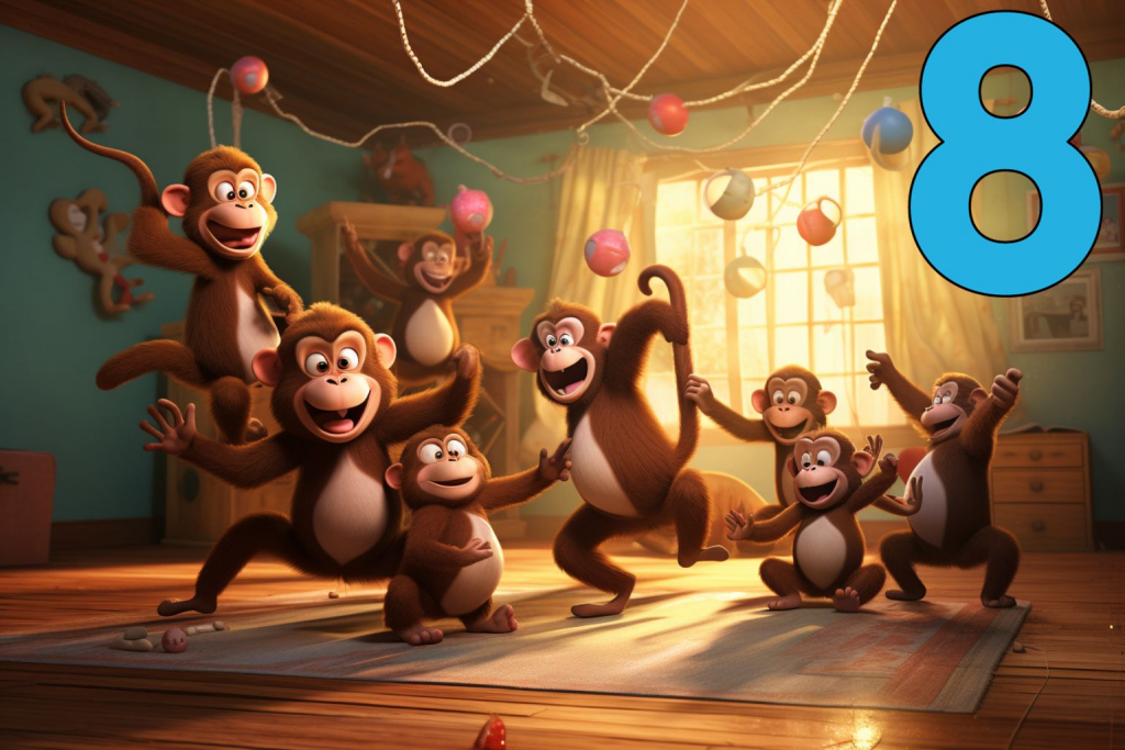 Eight cartoon monkeys dancing in a room.