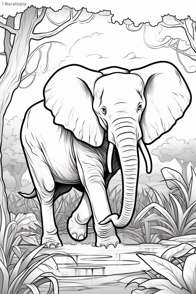 Coloring page of an elephant in a jungle.