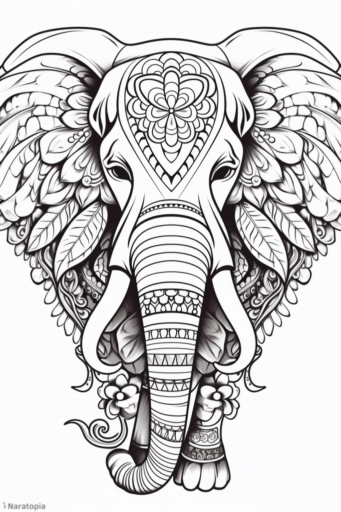 Coloring page of an elephant with ornaments.