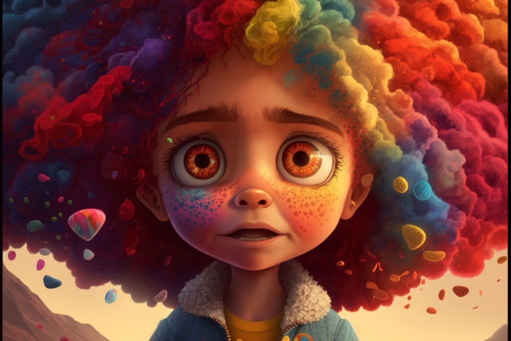 Cartoon girl Emelia with rainbow colored curly hair and red eyes signifying anger.