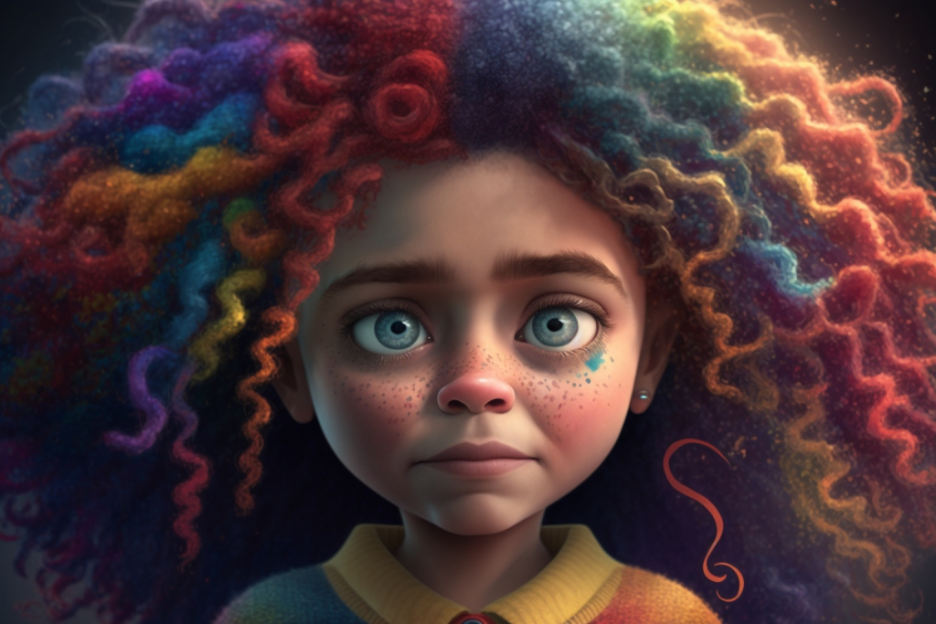 A girl with curly rainbow colored hair Emelia and very sad blue eyes filled with fear.