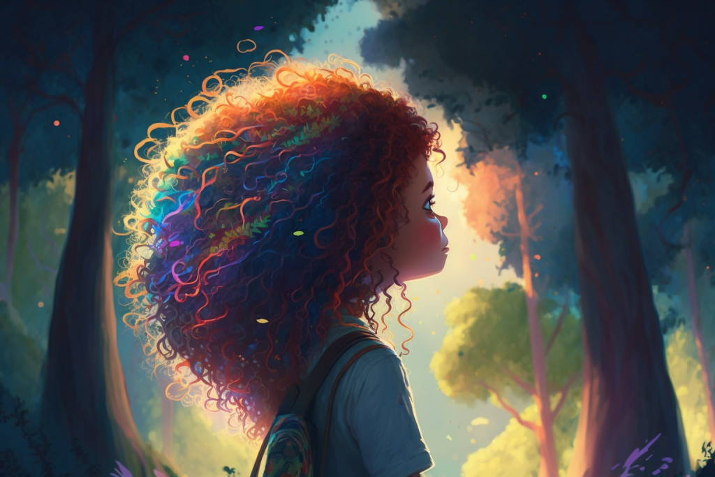 A girl with curly rainbow colored hair in a forest.