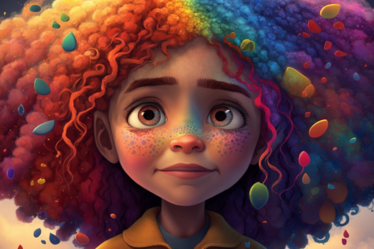 Beautiful cartoon girl with curly rainbow colored hair.