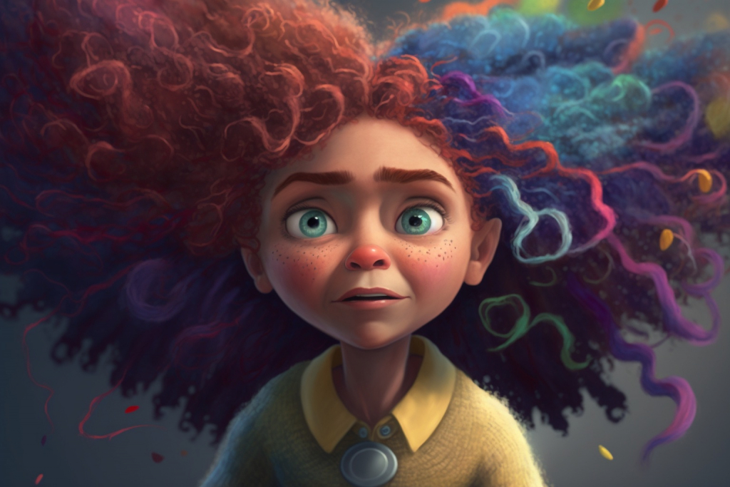 Scared girl Emelia with big rainbow colored curly hair in a strong wind.