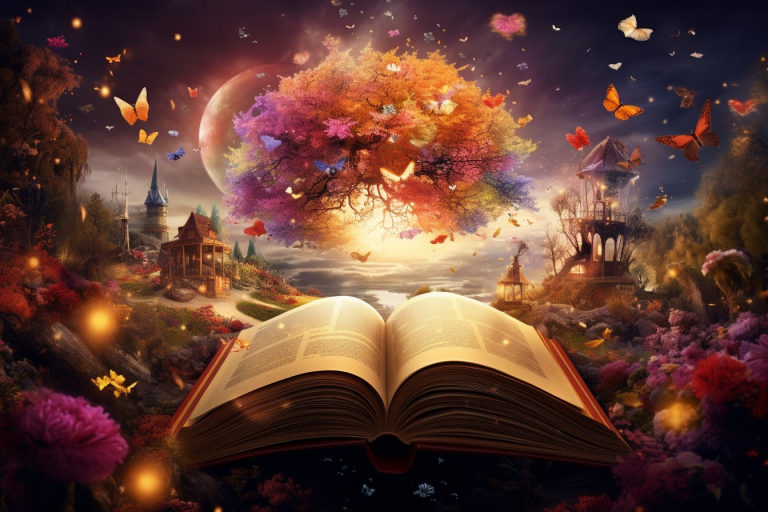 Open magical enchanted book with colorful tree above it.