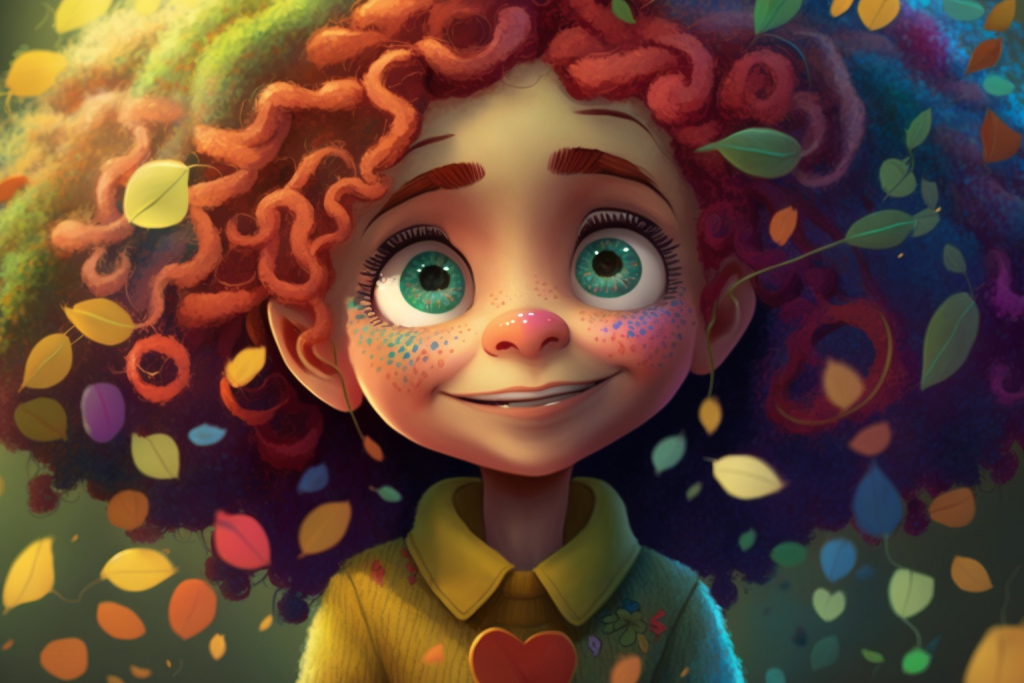 Cute smiling girl Emelia with rainbow colored hair and with encouraging expression.