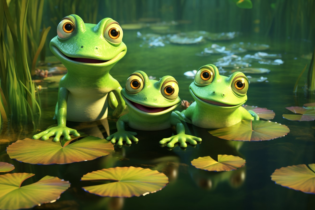 Three cartoon cute green frogs standing on some leaves in a pond.