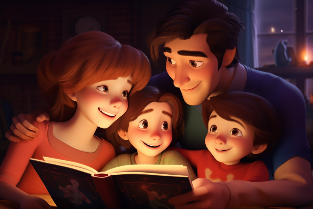 Cartoon family reading a book during a night.