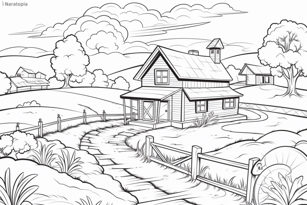 Coloring page of a farm house.
