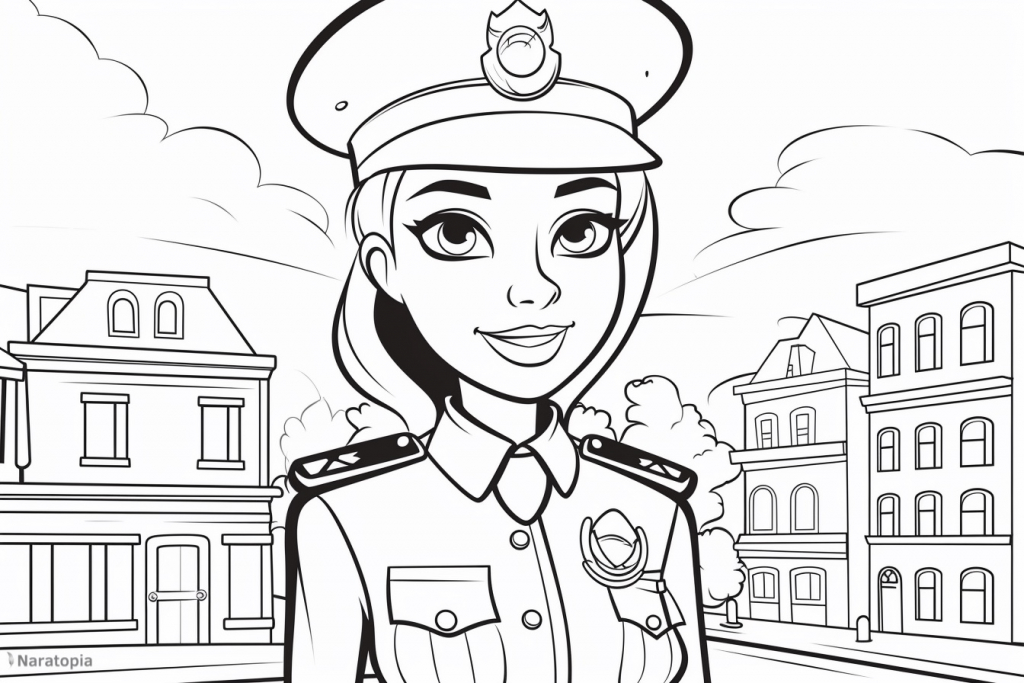 Coloring page of a female police officer.