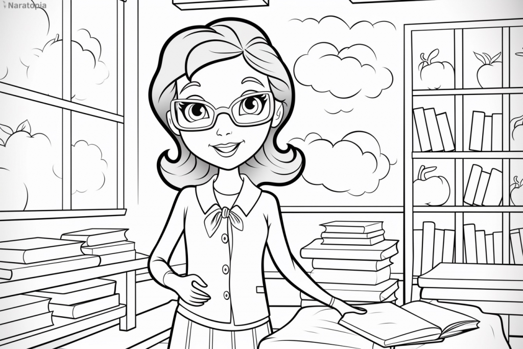Coloring page of a female teacher.