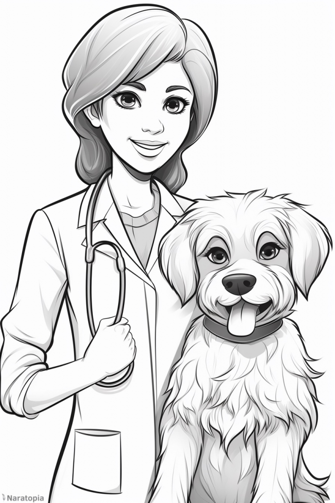 Coloring page of a female veterinarian with a cute dog.