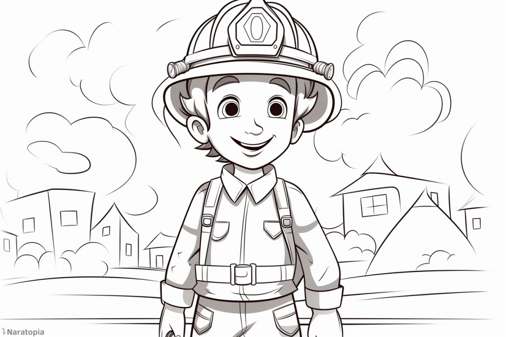 Coloring page of a fireman in a city.