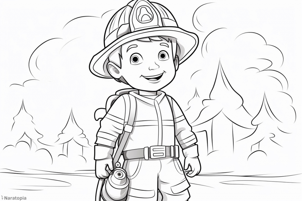 Coloring page of a fireman in a forest.