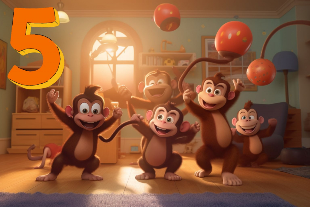 Five cartoon monkeys dancing in a room.