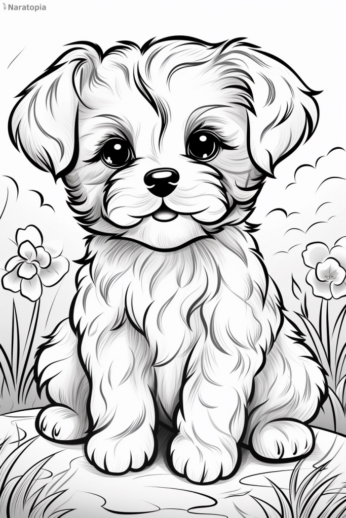 Coloring page of a cute fluffy puppy.