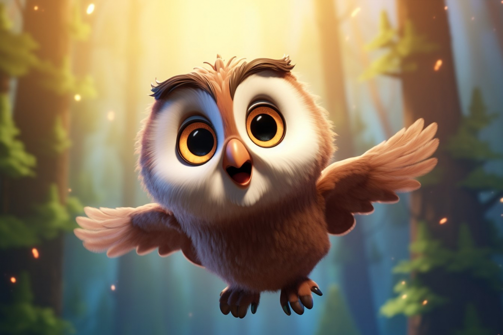 Flying cartoon brown owl flying in a forest.