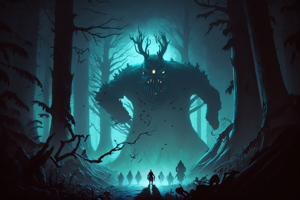Huge scary creatures and shadows in a dark gloomy forest.