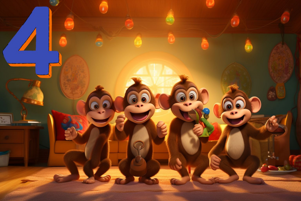 Four cartoon monkeys dancing in a room.