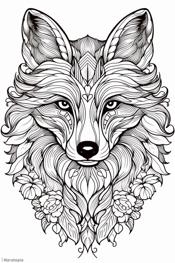 Coloring page of a fox with ornaments.