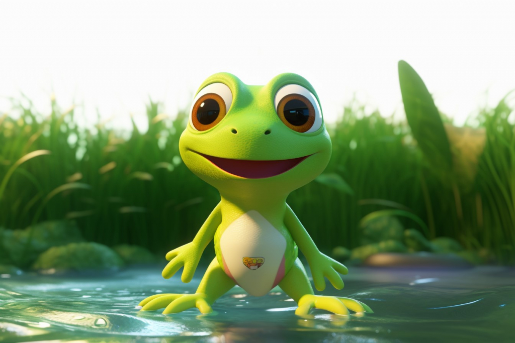 Cartoon cute small green frog with a happy smile in a stream.