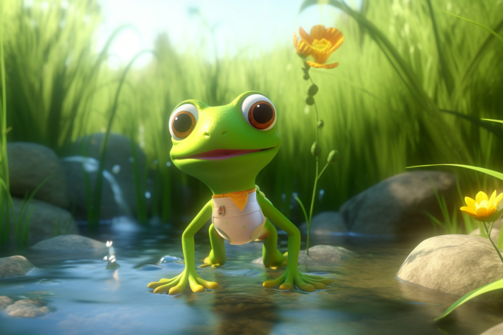 Green small cartoon frog wearing diapers and standing a water.