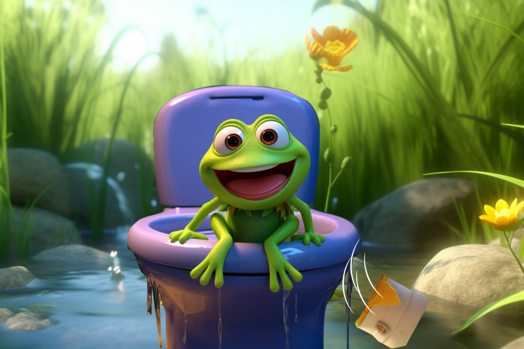 A green cartoon frog on a blue potty in a pond.