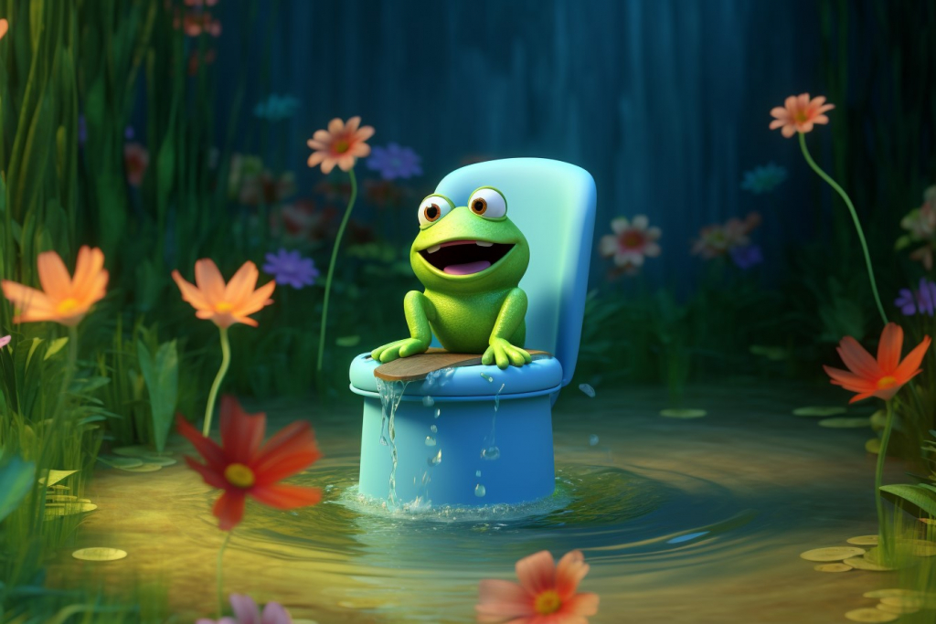 Green frog sitting on a blue potty chair in the middle of a pond.