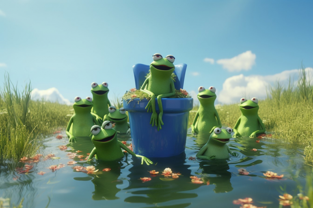 Green frogs around a big blue potty chair in the water.