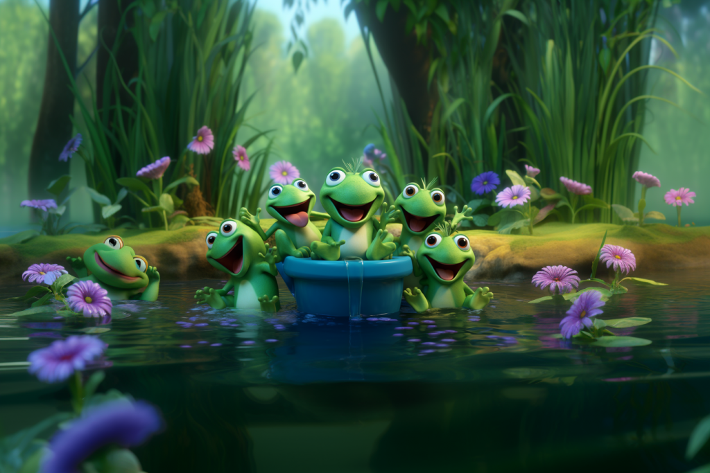 Many cartoon frogs in a pond with blue potty in the middle of it.