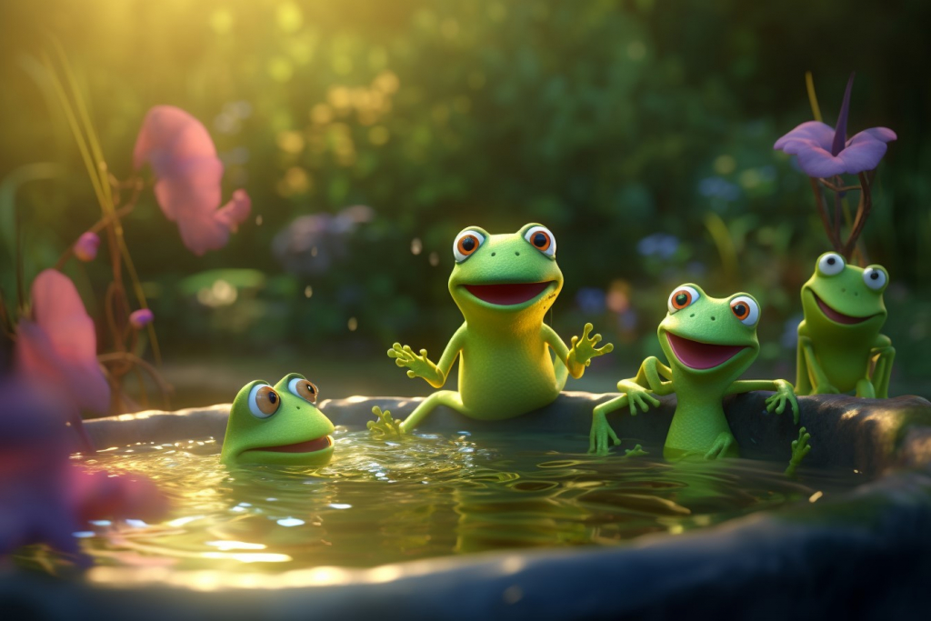 Three cartoon frogs swimming in a pond.