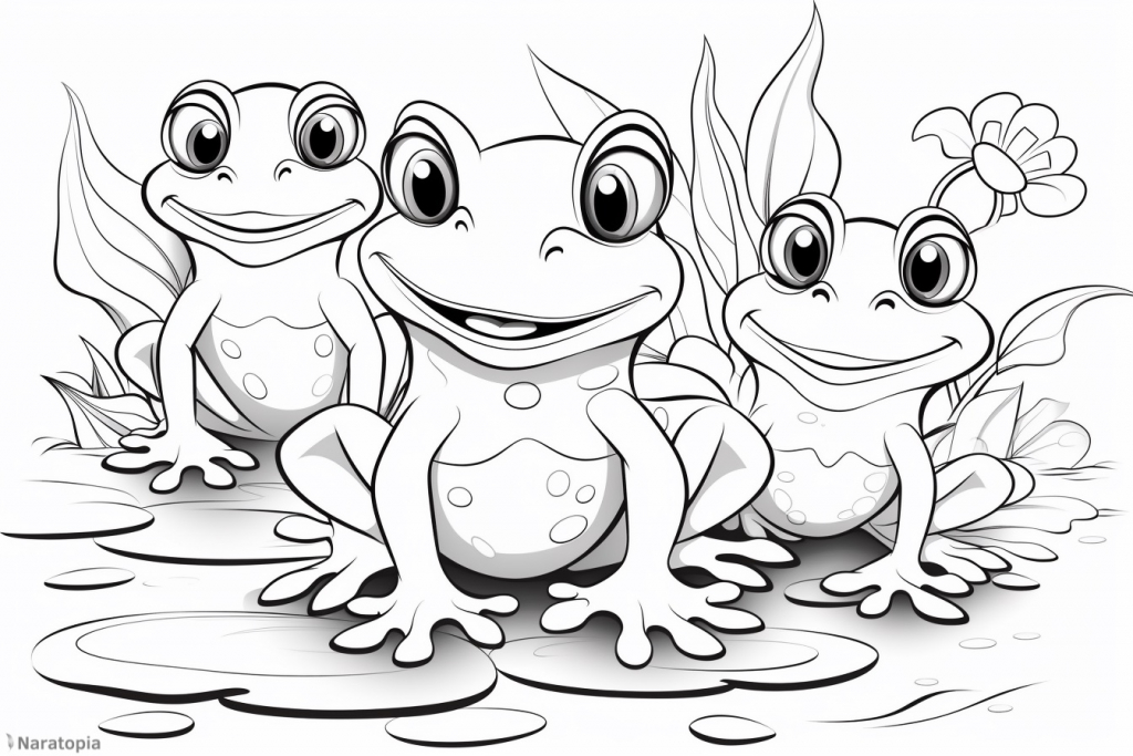 Coloring page of frogs in a pond.