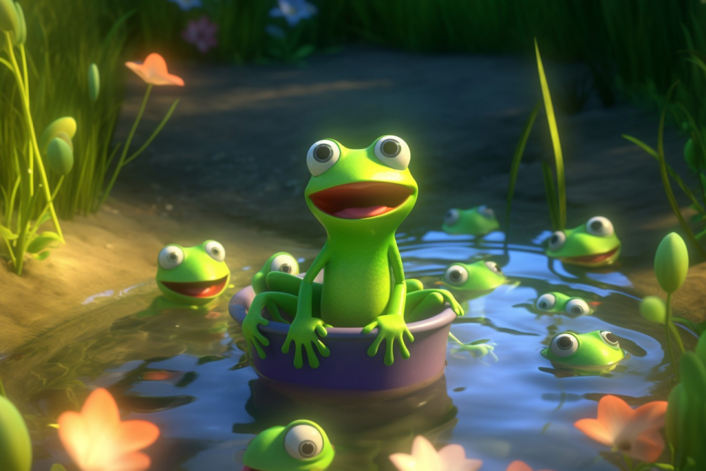 A green cartoon frogs on a blue potty in a pond.