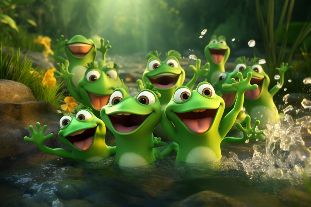 Many green small frogs laughing and splashing water in a pond.