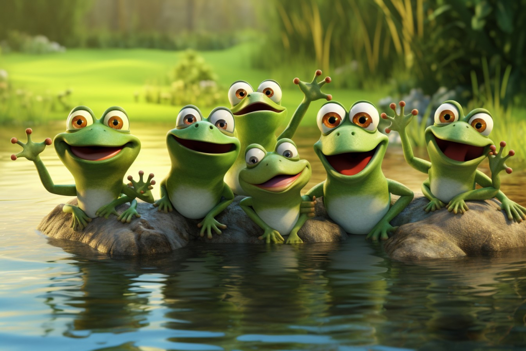 Many green cartoon frogs laughing in a pond.