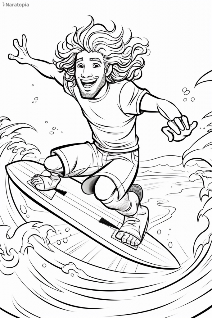 Coloring page of a surfer.