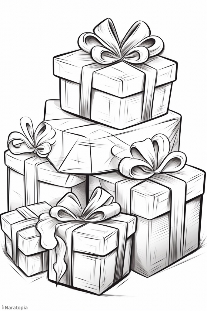 Coloring page of Christmas gifts.