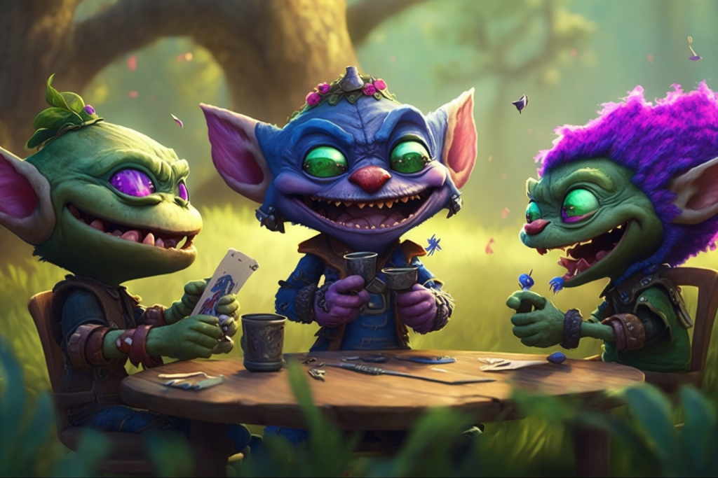 Funny giggle goblins playing cards in a forest.