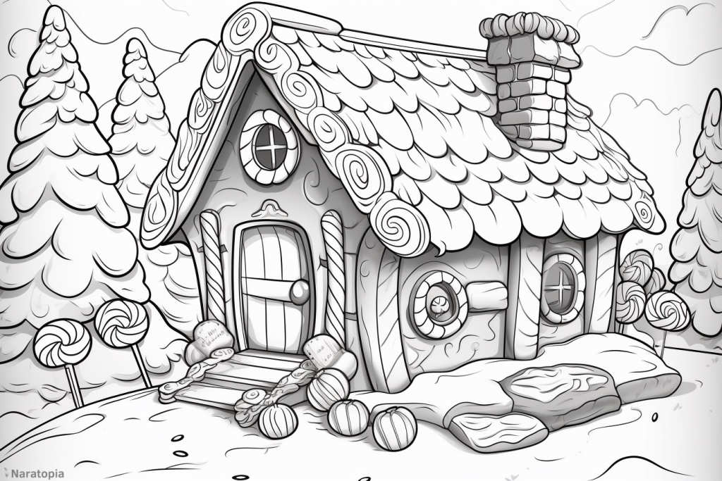 Coloring page of a gingerbread house.