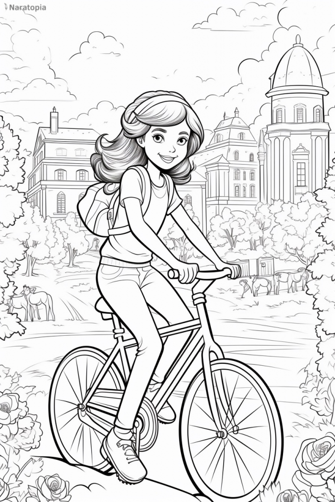 Coloring page of a girl on a bike in a city.