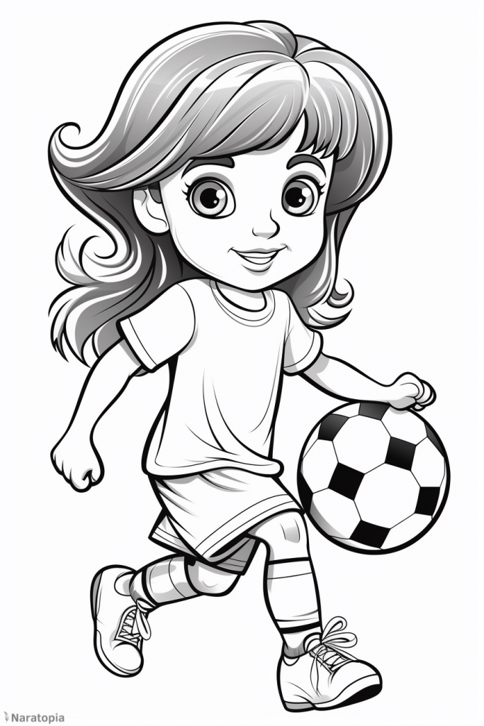 Coloring page of a girl playing football.