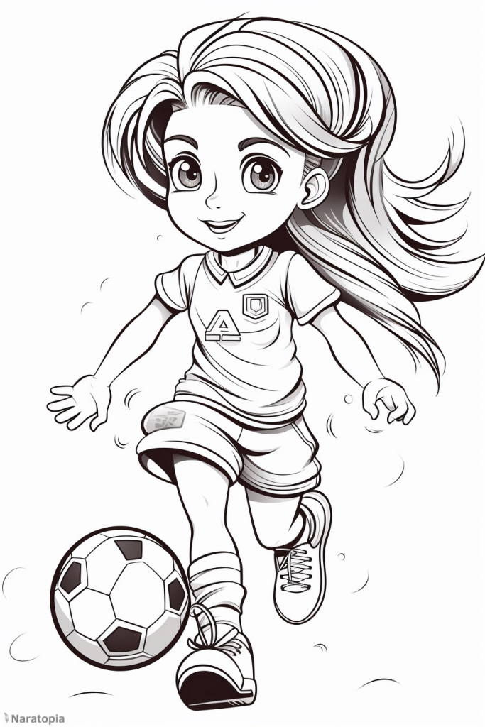 Coloring page of a girl playing football.