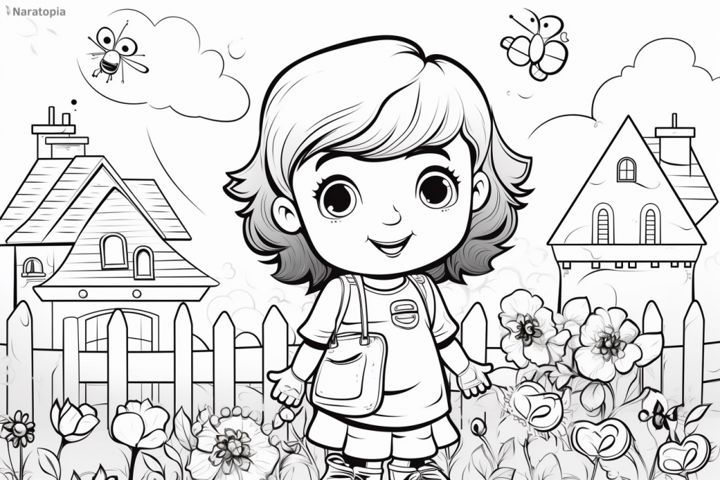 Coloring page of a girl in a garden.