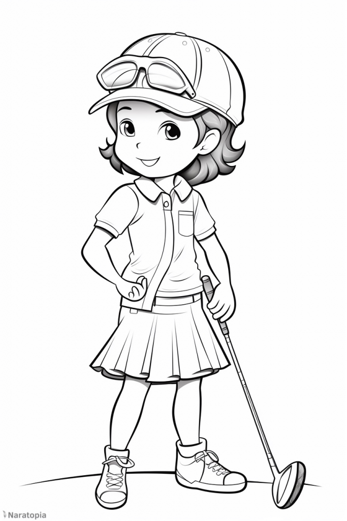 Coloring page of a girl playing golf.