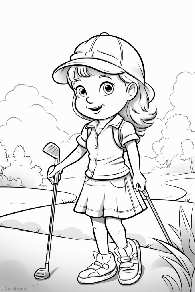 Coloring page of a girl playing golf.