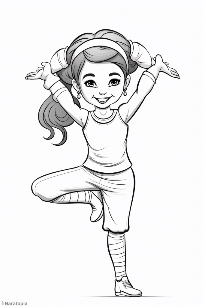 Coloring page of a girl doing gymnastics.