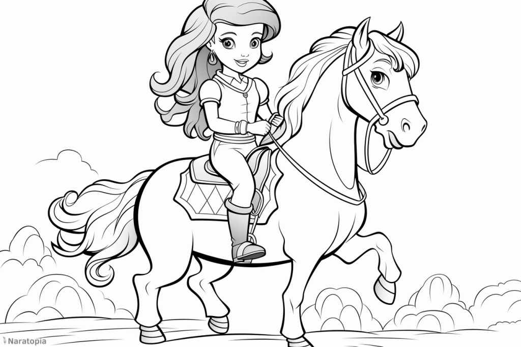 Coloring page of a girl riding a horse.